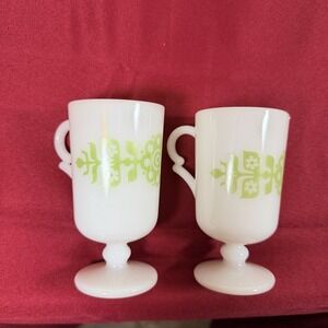 Set of 2 VTG Glasbake Milk Glass Green Flower Pedestal Footed Irish Coffee Mugs